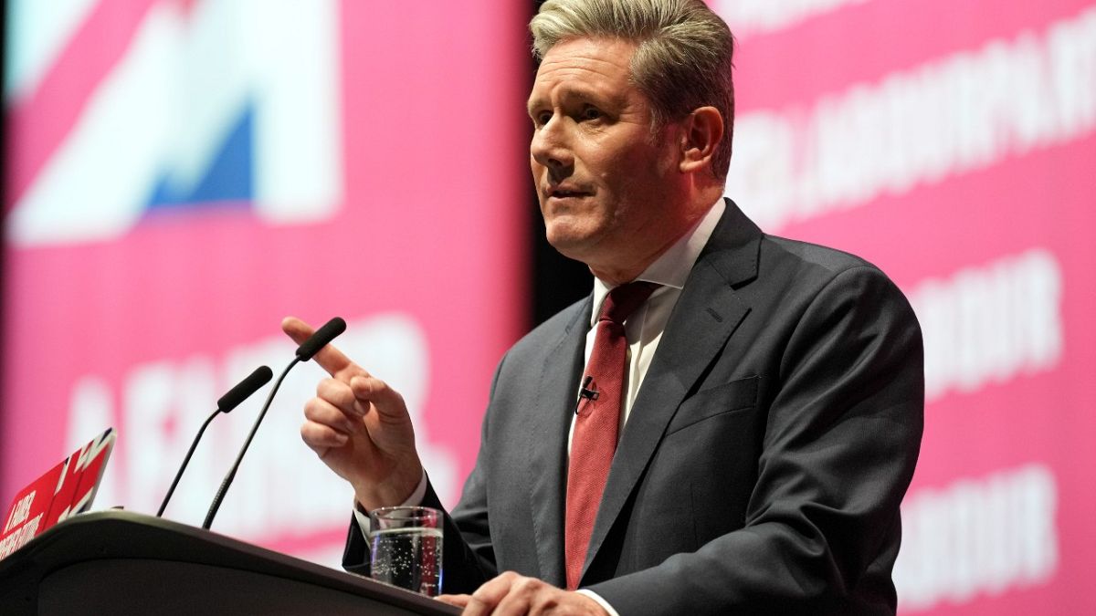 Keir Starmer, the leader of Britain's Labour Party makes his speech at the party's annual conference in Liverpool, England, Tuesday, Sept. 27, 2022.