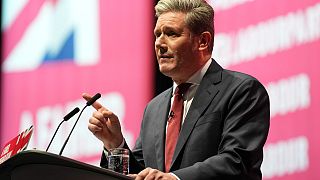 Keir Starmer, the leader of Britain's Labour Party makes his speech at the party's annual conference in Liverpool, England, Tuesday, Sept. 27, 2022.