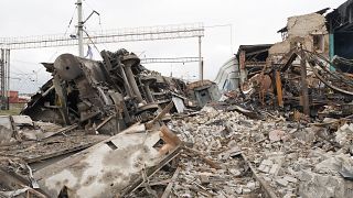 Debris of a railway depot ruined after a Russian rocket attack in Kharkiv, Ukraine