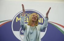 Giorgia Meloni cheered by supporters at her party's electoral headquarters in Rome, Monday 26 Sept 2022.