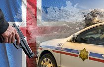 Composite image showing map of Iceland, flag, police car and gun