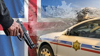 Composite image showing map of Iceland, flag, police car and gun