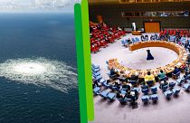A g. bouillonements de gaz à la surface de la mer Baltique (le 27/09/2022) / A dr. Conseil de sécurité de l'ONU (archives)