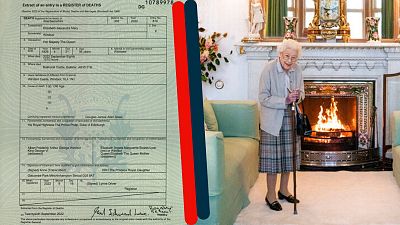 A g. certificat de décès de la reine Elizabeth II (le 29/09/2022) // a dr. : la reine Elizabeth II à Balmoral (Ecosse), le 06/09/2022