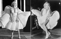 Ana de Armas as Marilyn Monroe in a scene from "Blonde," left, and Marilyn Monroe posing on a subway grate while filming "The Seven Year Itch"