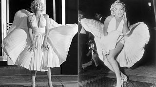 Ana de Armas as Marilyn Monroe in a scene from "Blonde," left, and Marilyn Monroe posing on a subway grate while filming "The Seven Year Itch"