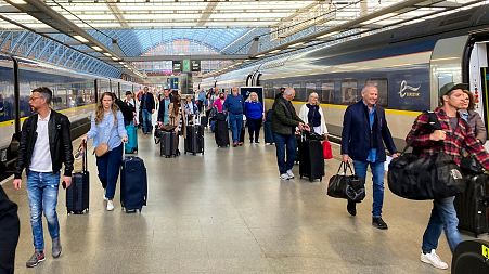 Travelers at St. Pancras International train station to board the Eurostar.