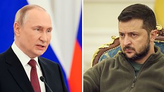 O Presidente da Rússia Vladimir Putin e o homólogo da Ucrânia Volodymyr Zelenskyy