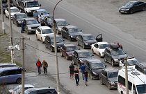 Cars queuing toward the border crossing at Verkhny Lars between Russia and Georgia, leaving Chmi, North Ossetia - Alania Republic, in Russia, Sept. 29, 2022.