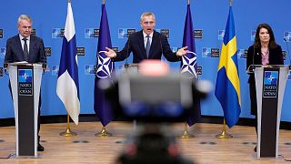 FILE: (L-R) Finland's Foreign Minister Pekka Haavisto, NATO Secretary General Jens Stoltenberg, Sweden's Foreign Minister Ann Linde, Brussels, 24 January 2022