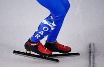 FILE - A Russian short track speed skater Pavel Sitnikova wears an Olympic uniform with the logo OAR - Olympic Athlete from Russia, South Korea 2018