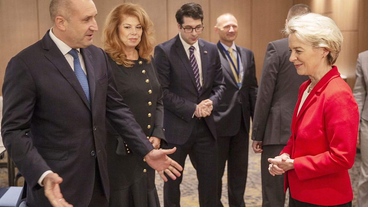 President of the European Commission Ursula von der Leyen, right, meets with Bulgarian President Rumen Radev, left, in Sofia, Bulgaria, Saturday, Oct. 1, 2022. 