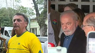 Montage photo montrant Jair Bolsonaro (à gauche) et Luiz Inacio Lula da Silva (à droite) devant leurs bureaux de vote le 2 octobre 2022.