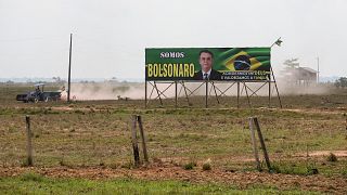 View of a billboard in support of Brazilian President and re-election candidate Jair Bolsonaro at a farm in the municipality of Humaitá.