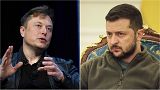 Tesla founder Elon Musk, left, and Ukraine president Volodymyr Zelenskyy, right.