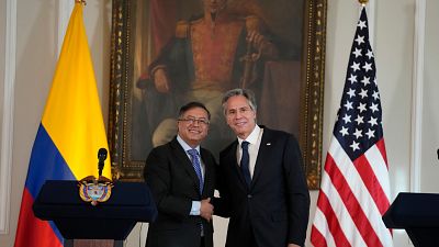 El Secretario de Estado Antony Blinken y el presidente de Colombia Gustavo Petro en el Palacio Presidencial de Narino en Bogotá, Colombia, el 3 de octubre de 2022.