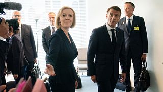 British Prime Minister Liz Truss and French President Emmanuel Macron during a bilateral meeting ahead of the United Nations General Assembly in New York, Sept. 20, 2022. 