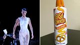 Bella Hadid sprayed with a dress (left); Spray cheese (right)