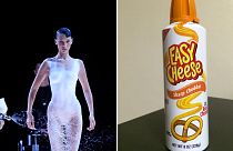 Bella Hadid sprayed with a dress (left); Spray cheese (right)