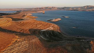 Water levels are low at San Luis Reservoir, which stores irrigation water for San Joaquin Valley farms, in Gustine, Calif., Sept. 14, 2022