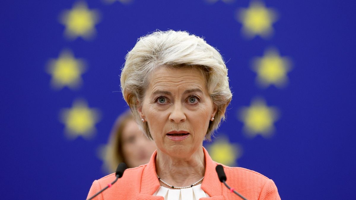 European Commission President Ursula von der Leyen speaks to MEPs in at the European Parliament, Oct. 5, 2022, in Strasbourg, eastern France. 