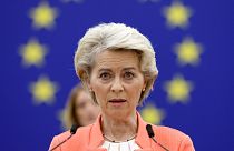 European Commission President Ursula von der Leyen speaks to MEPs in at the European Parliament, Oct. 5, 2022, in Strasbourg, eastern France.