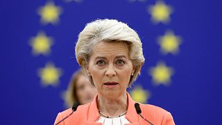 European Commission President Ursula von der Leyen speaks to MEPs in at the European Parliament, Oct. 5, 2022, in Strasbourg, eastern France. 