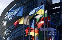 Fransa'nın Strazburg kentindeki Avrupa Parlamentosu binası önünde AB üyesi ülkelerin ve Ukrayna'nın bayrakları asılı