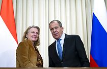 Die ehemalige Außenministerin Österreichs Karin Kneissl und der russische Außenminister Sergey Lavrov im März 2019 nach Gesprächen in Moskau