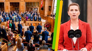 A g. : le parlement danois, le 04/10/2022 - A dr. : la Première ministre danoise le 05/10/2022