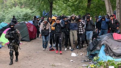 Szerb rendőrök felszámolnak egy migránstábort a magyar határ közelében, 2022. október 5-én
