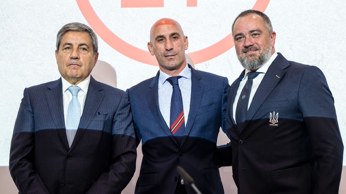 The leaders of the Portuguese, Spanish, and Ukrainian football federations held a press conference in Nyon, Switzerland, on Wednesday.