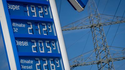 Gas prices are displayed at a gas station in Frankfurt, Germany.