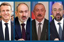 de g. à dr. : Emmanuel Macron, Nikol Pachinian, Ilham Aliyev et Charles Michel - photos d'archives