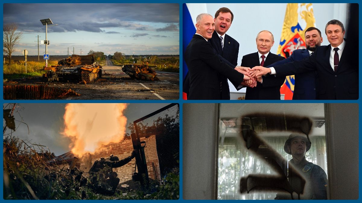 Szétlőtt orosz tank, az elcsatolt területek vezetői Putyinnal, ukrán katona, felszabadított óvoda a nagy Z-vel