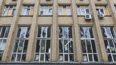 Windows of a building are broken in the Mykolaiv as an aftermath of a shelling amid Russian invasions of Ukraine. October 2, 2022