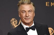 Alec Baldwin poses with outstanding supporting actor award in a comedy series for "Saturday Night Live" at the 69th Primetime Emmy Awards in 2017