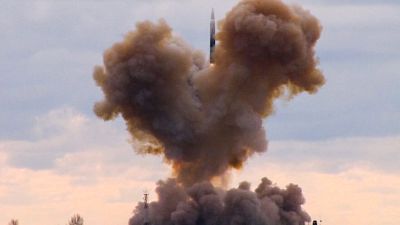 Avangard hypersonic vehicle blasts off during a test launch at an undisclosed location in Russia.