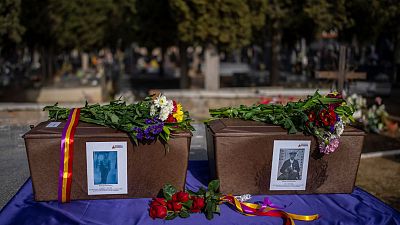 The remains of Romualdo Puerto Ibarra and Francisco Cordon Herreros, two victims of Spain’s Civil War, at a cemetery in Guadalajara.