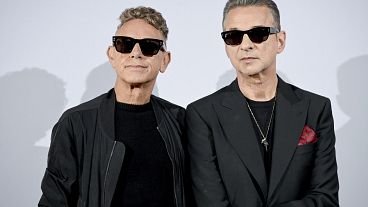 Martin Gore, left, and Dave Gahan of Depeche Mode pose during a photo session in Berlin