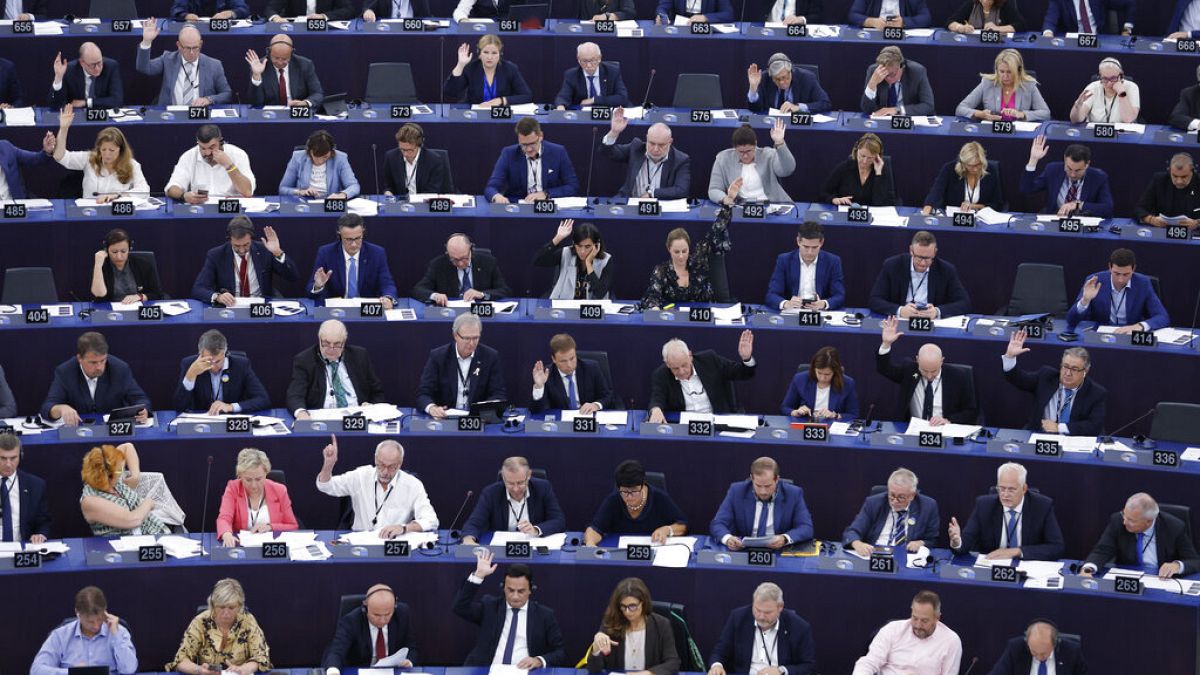 Parliament members vote on a policy directive, Wednesday, Sept. 14, 2022 at the European Parliament in Strasbourg, eastern France. 