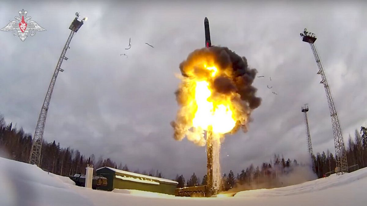 A Russian Yars intercontinental ballistic missile being launched from an airfield during military drills on Feb. 19, 2022,.