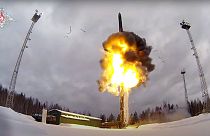 A Russian Yars intercontinental ballistic missile being launched from an airfield during military drills on Feb. 19, 2022,.