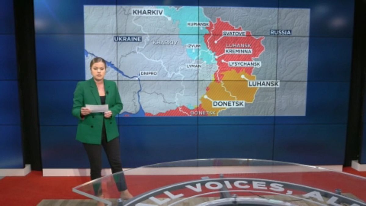 Euronews-Redakteurin Sasha Vakulina vor der animierten Ukraine-Karte