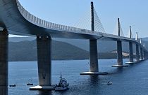 Newly-built Peljesac Bridge, a cable-stayed bridge in Dubrovnik-Neretva County spanning the sea channel between Komarna on the northern mainland and the peninsula of Peljesac.