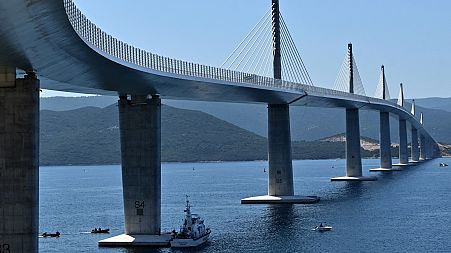Newly-built Peljesac Bridge, a cable-stayed bridge in Dubrovnik-Neretva County spanning the sea channel between Komarna on the northern mainland and the peninsula of Peljesac.