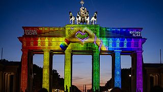 Подсветка Бранденбургских ворот в Берлине во время Фестиваля света. 