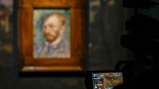 Dutch painter Vincent van Gogh's self-portrait in oil on canvas (1889) is seen on a camera's viewfinder as it's filmed  in Rome, Italy, Friday, Oct. 7, 2022.