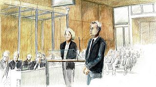 A courtroom sketch by Cynthia Walsh shows Air France CEO Anne Rigail (L) and Airbus CEO Guillaume Faury on the first day of the trial of Airbus and Air France, Oct. 10, 2022.