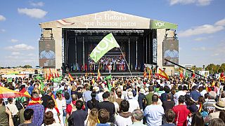 Le leader du parti espagnol Vox, Santiago Abascal, lors d'un rassemblement à Madrid, Espagne, dimanche 9 octobre 2022.